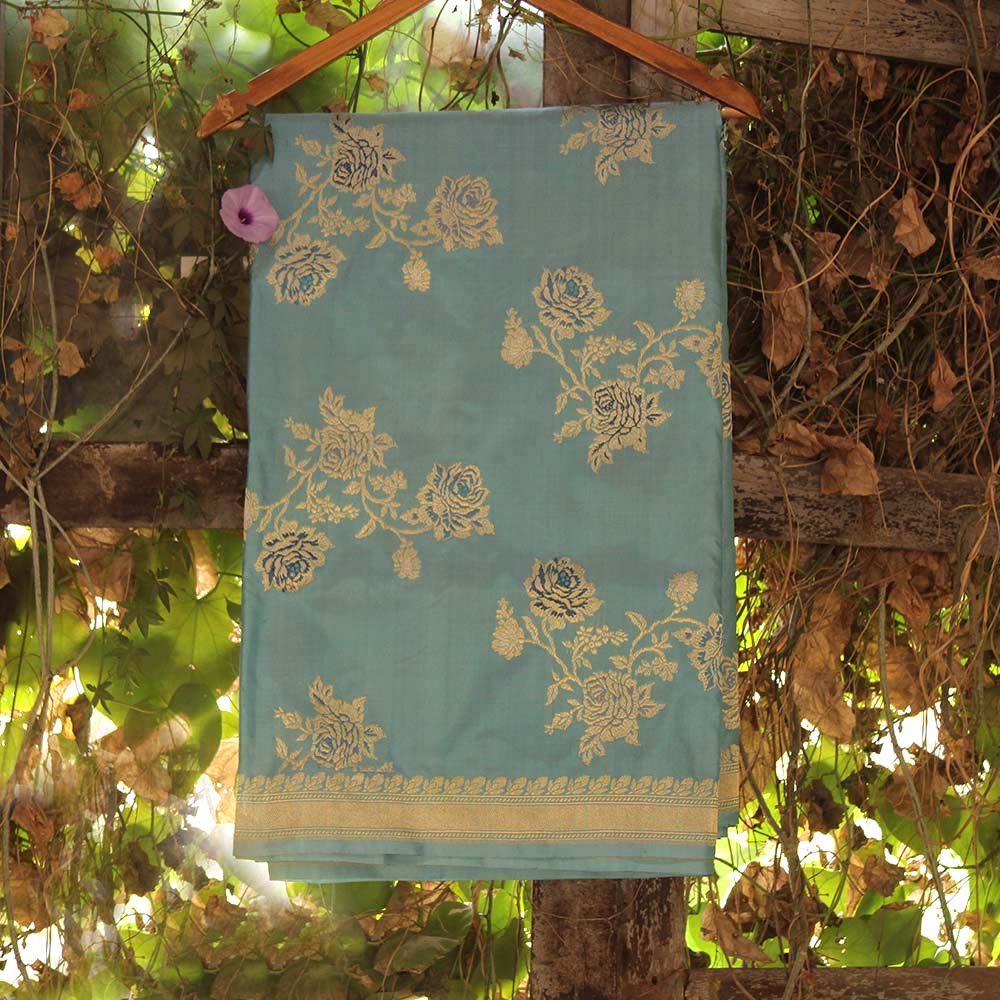 &#39;Zeenat&#39; Powder Blue Pure Katan Silk Banarasi Handloom Saree