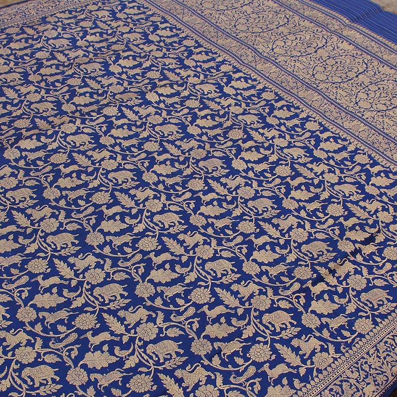 Black-Royal Blue Pure Katan Silk Banarasi Shikaargah Handloom Saree