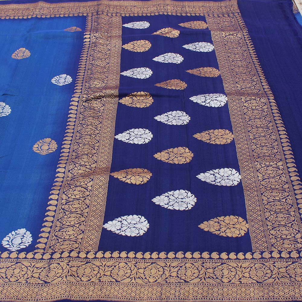 Persian Blue Pure Tussar Georgette Silk Banarasi Handloom Saree