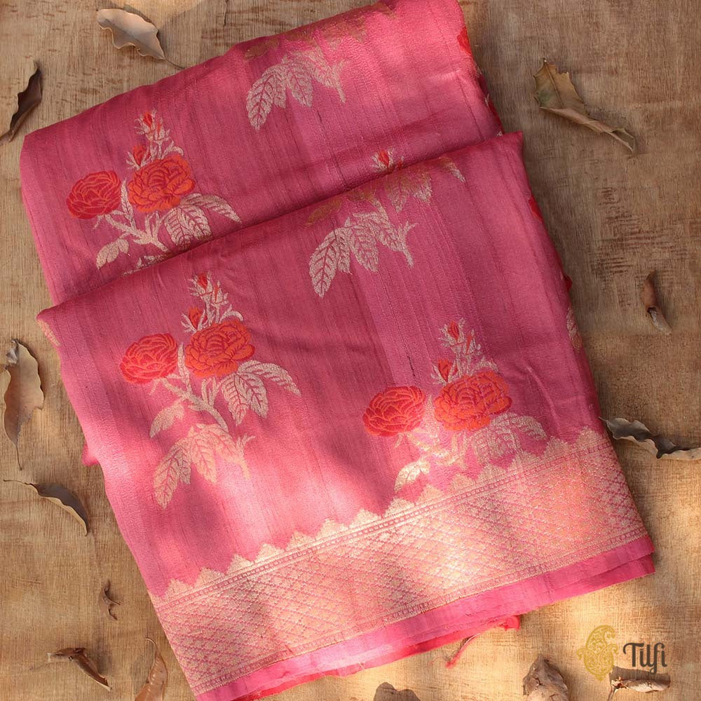 Gajri Pink Pure Tussar Georgette Silk Banarasi Handloom Saree