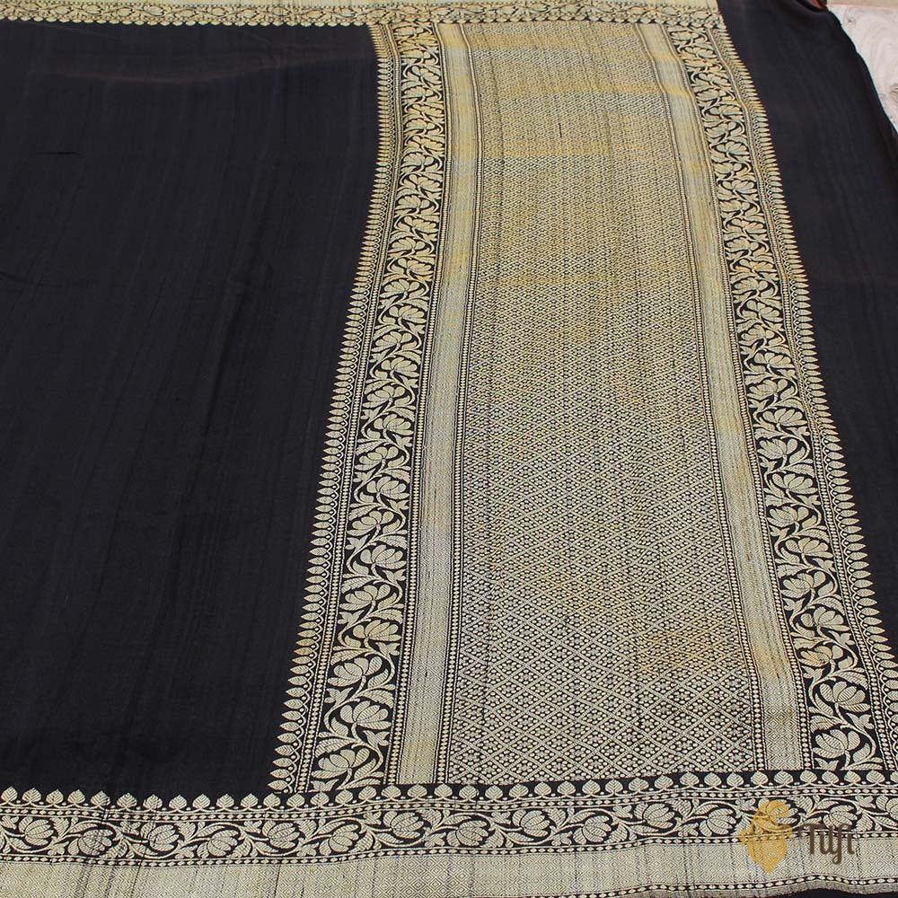 Black Pure Tussar Georgette Silk Banarasi Handloom Saree