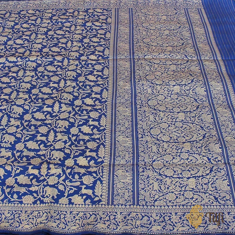 Black-Blue Pure Katan Silk Banarasi Shikaargah Handloom Saree