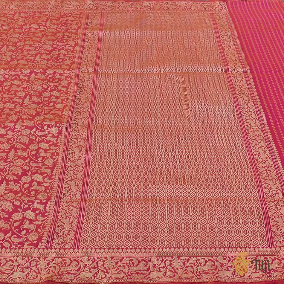 Light Orange-Gulabi Pink Pure Katan Silk Banarasi Shikaargah Handloom Saree