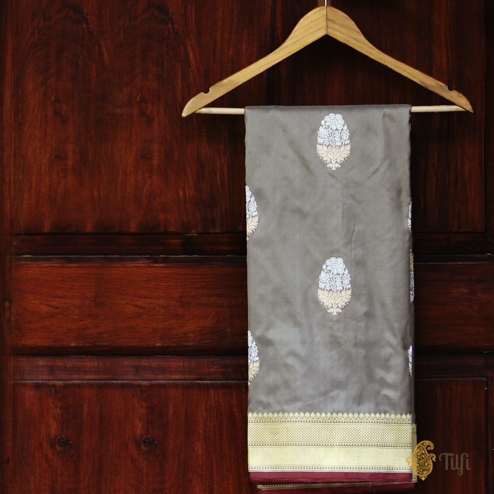 Grey Pure Katan Silk Handloom Banarasi Saree