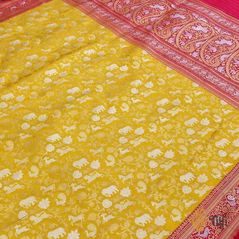 Yellow-Red Pure Katan Silk Banarasi Handloom Shikaargah Saree