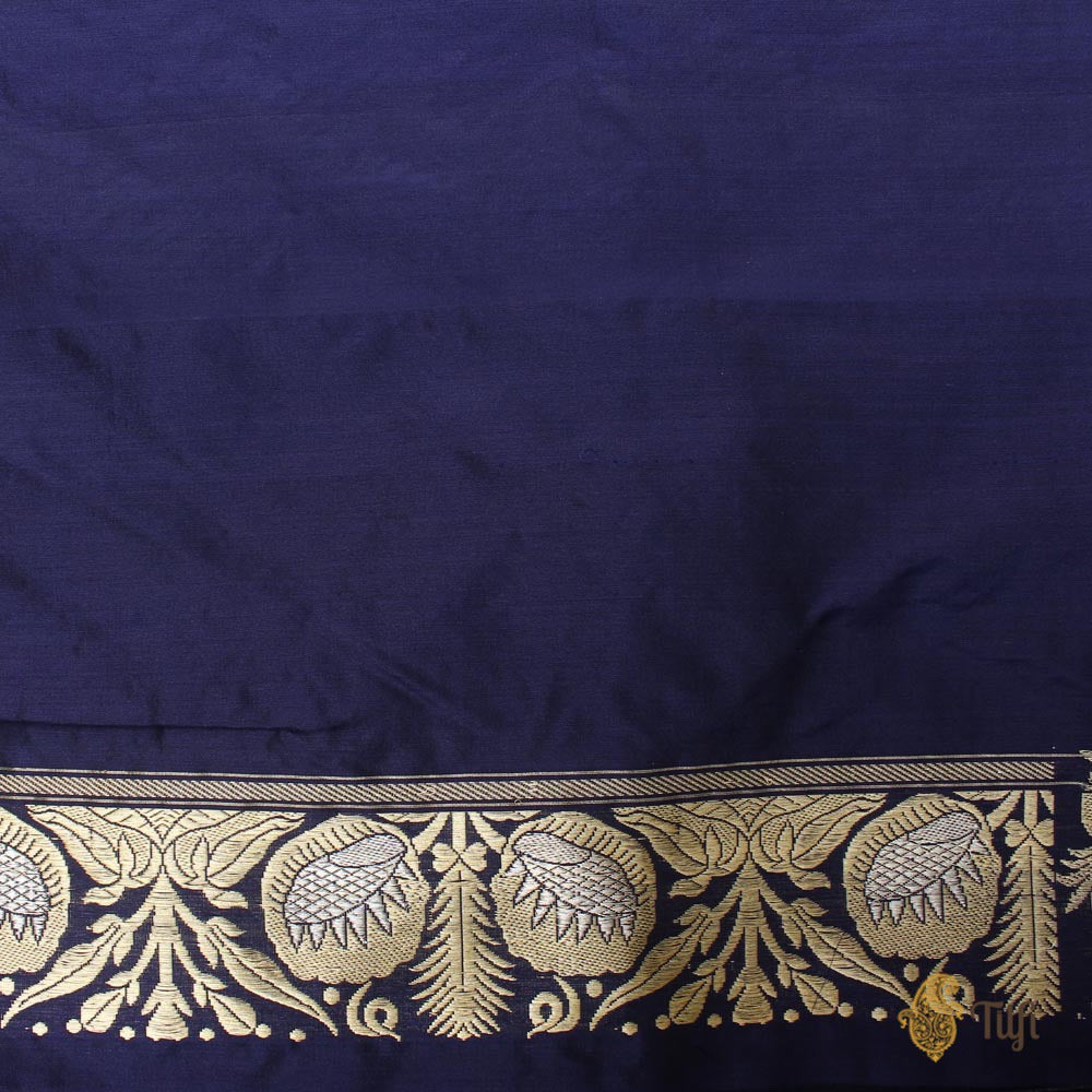 Navy Blue Pure Katan Silk Handloom Banarasi Saree with Silver Zari Buta & Floral Border