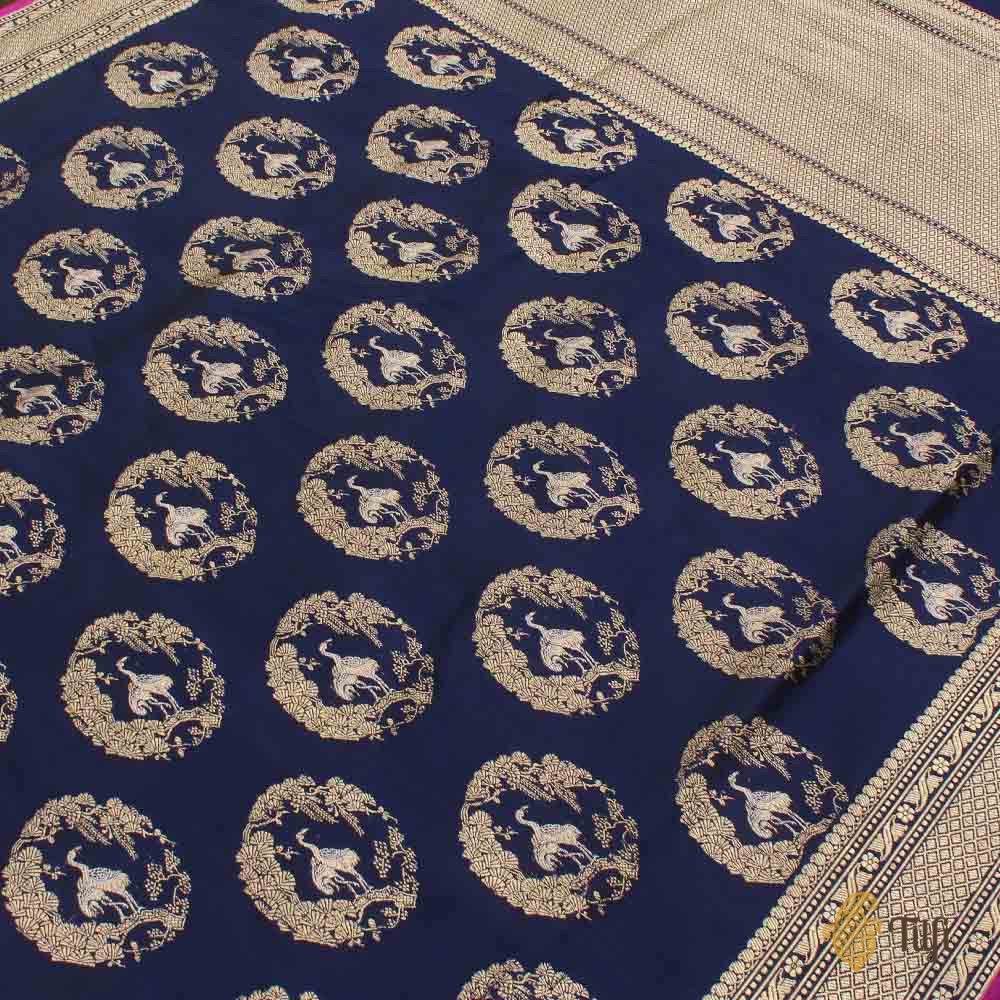 Navy Blue Pure Katan Silk Handloom Banarasi Saree with Silver Zari Buta & Floral Border main image 0