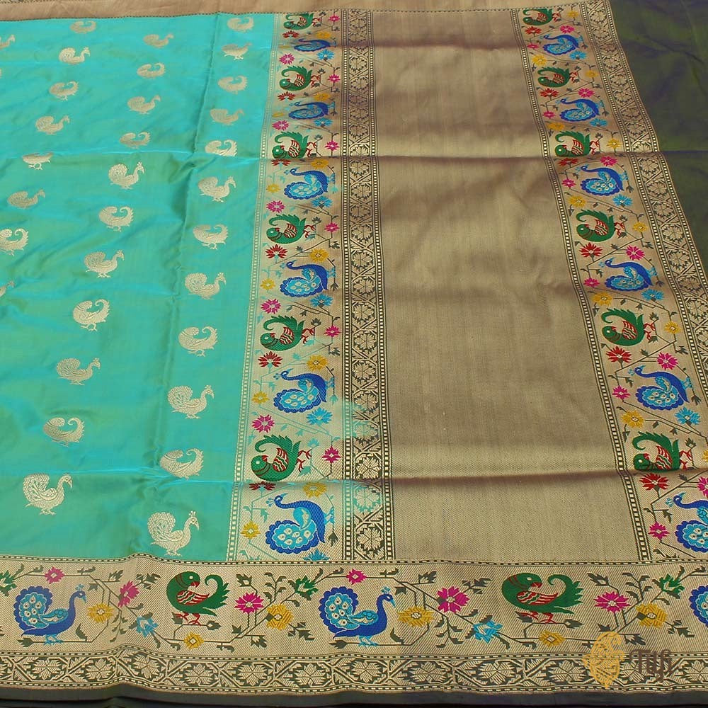 Blue-Green Pure Katan Silk Banarasi Paithani Handloom Saree