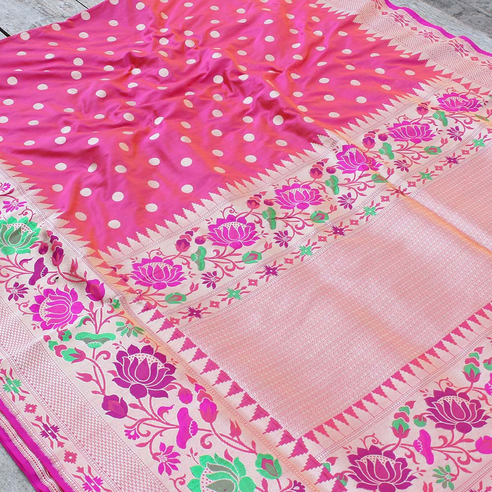 Orange-Gulabi Pink Pure Katan Silk Banarasi Paithani Handloom Saree