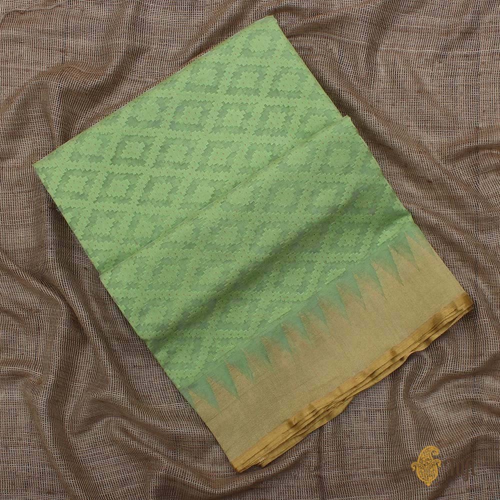 Light Pista Green Pure Kora Silk Net Banarasi Handloom Saree