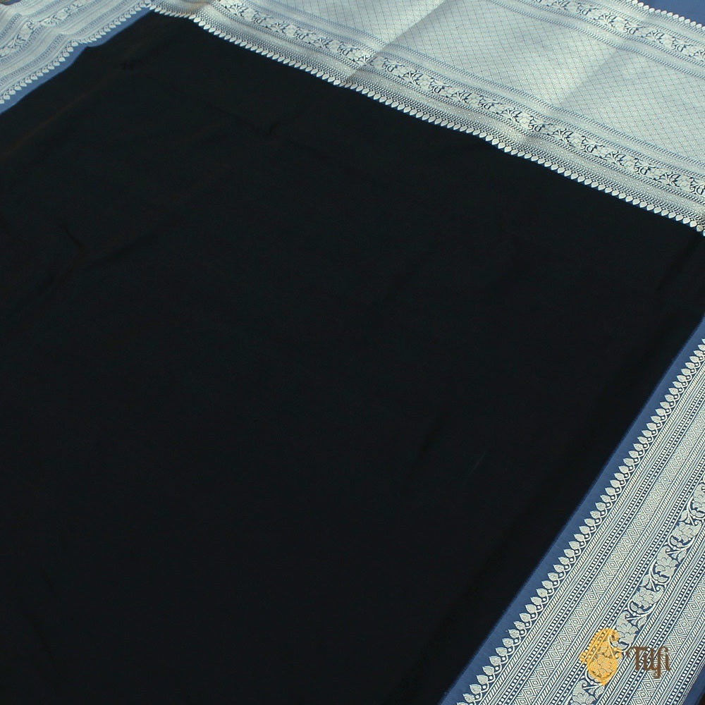 Black-Greyish Blue Pure Katan Silk Banarasi Kadiyal Handloom Saree