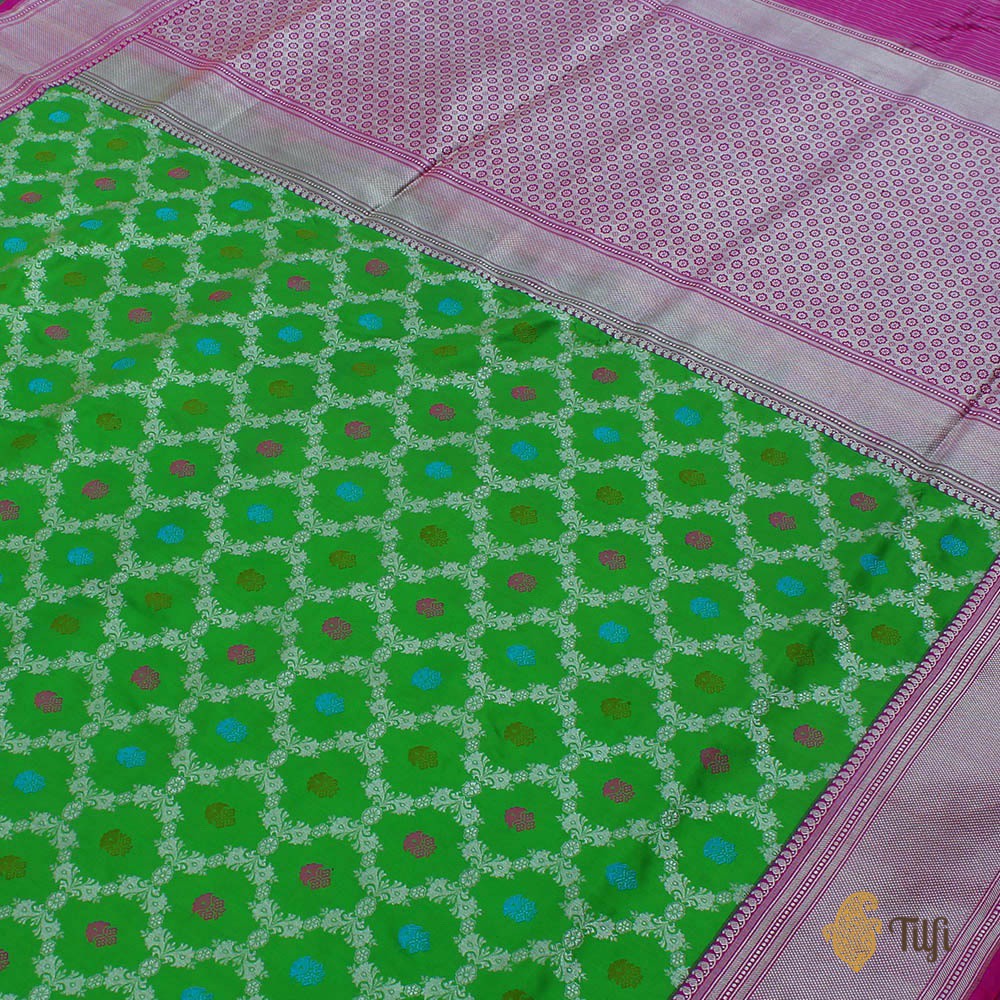 Parrot Green-Pink Pure Katan Silk Banarasi Handloom Saree