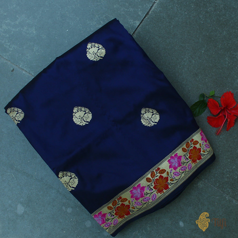 Black-Navy Blue Pure Katan Silk Banarasi Handloom Saree