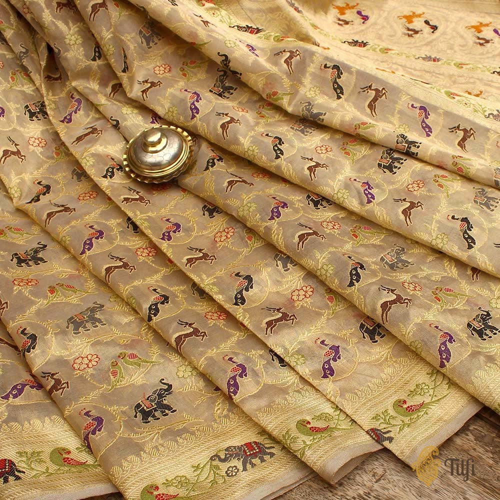 Light Gold Pure Kora Silk Tissue Real Zari Banarasi Handloom Saree