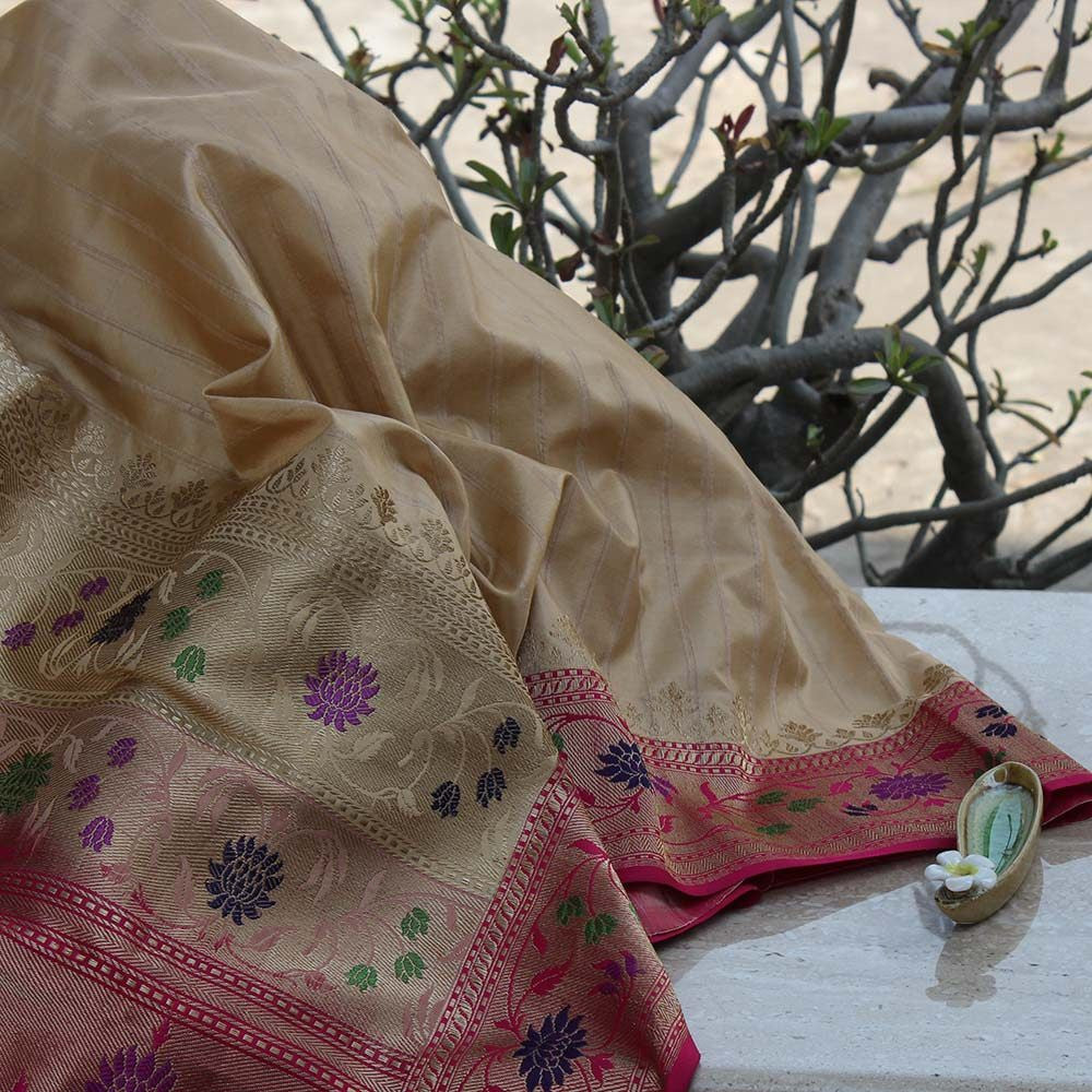 Beige Pure Katan Silk Banarasi Paithani Handloom Saree