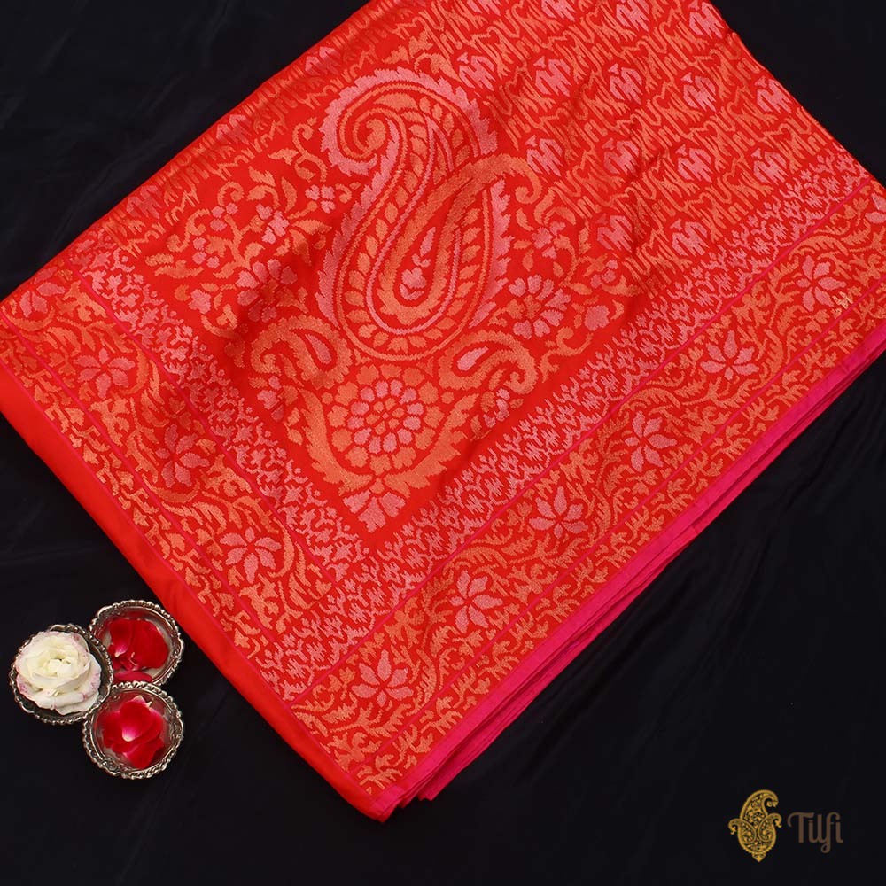 Red Pure Katan Silk Ektara Real Zari Banarasi Handloom Saree