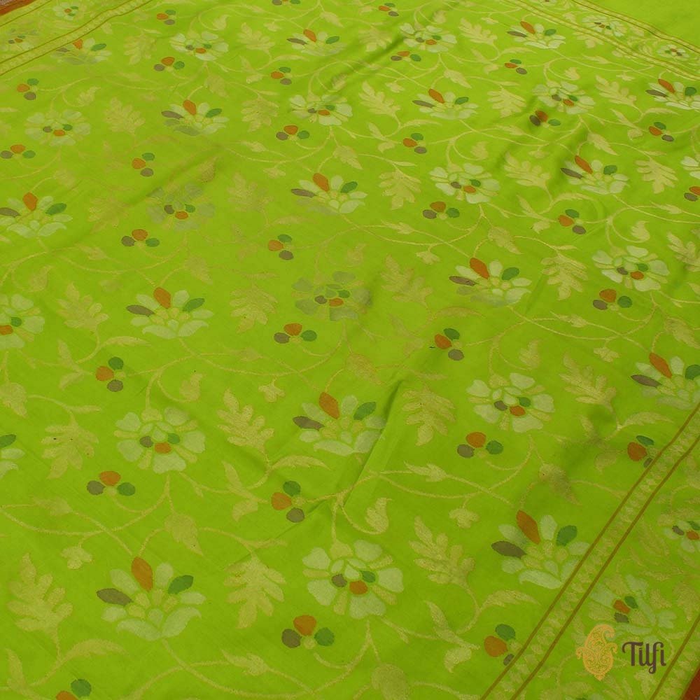 Parrot Green Pure Katan Silk Real Zari Banarasi Handloom Saree