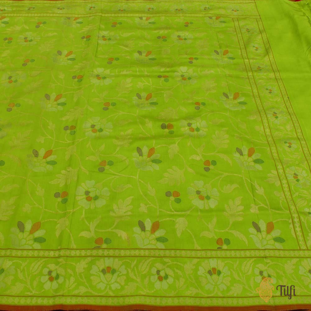 Parrot Green Pure Katan Silk Real Zari Banarasi Handloom Saree