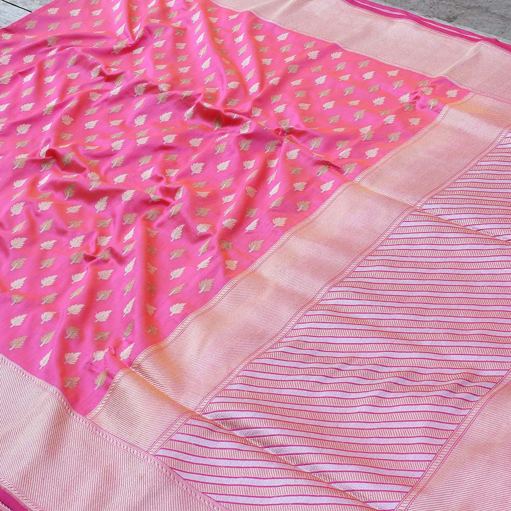 Orange-Rose Pink Pure Katan Silk Banarasi Handwoven Saree