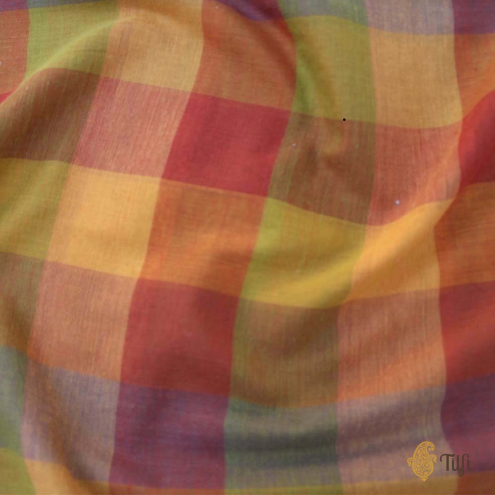 Yellow-Orange-Green Checkered Pure Cotton Handloom Banarasi Saree