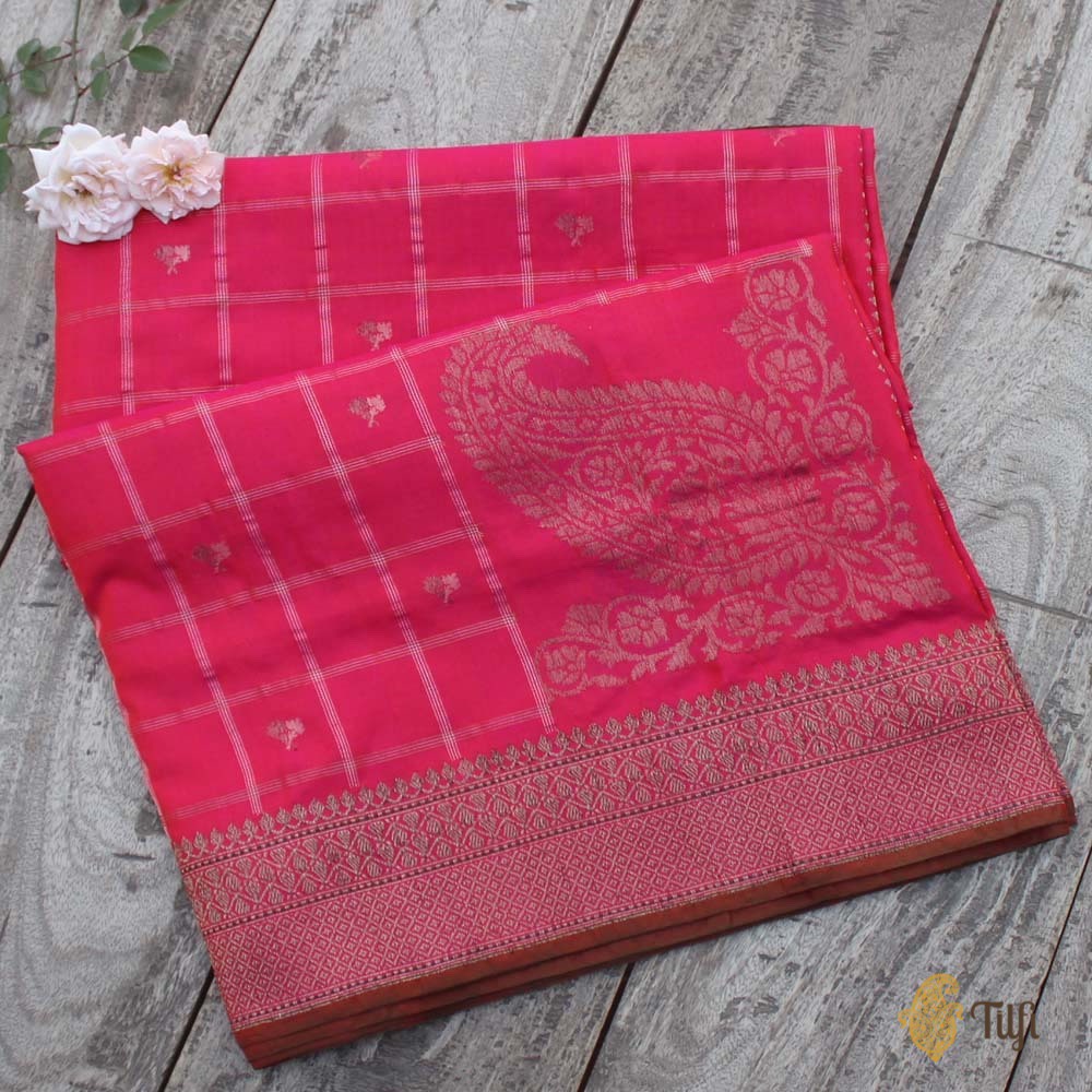 Rani Pink-Red Pure Ektara Cotton Banarasi Handloom Saree