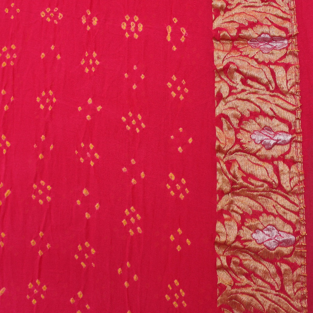 Strawberry Pink Pure Georgette Banarasi Bandhani Handloom Saree