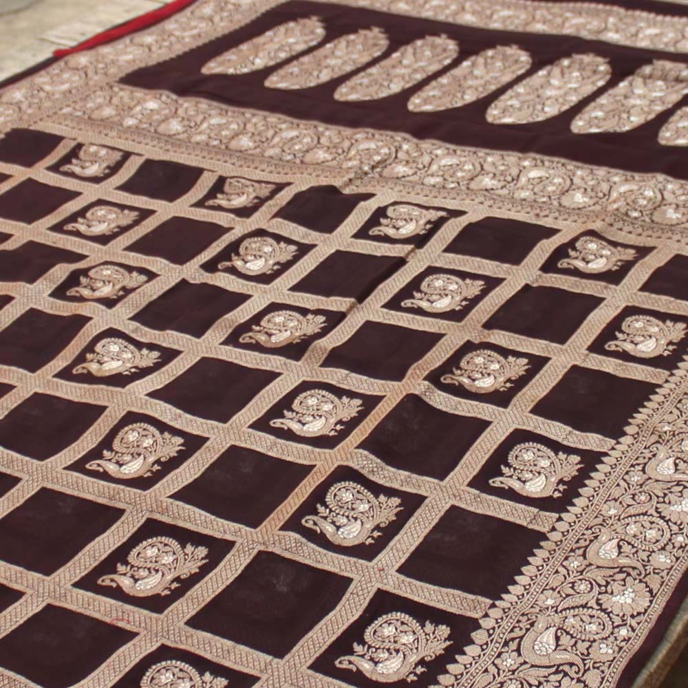 Dark Chocolate Brown Pure Georgette Banarasi Handloom Saree
