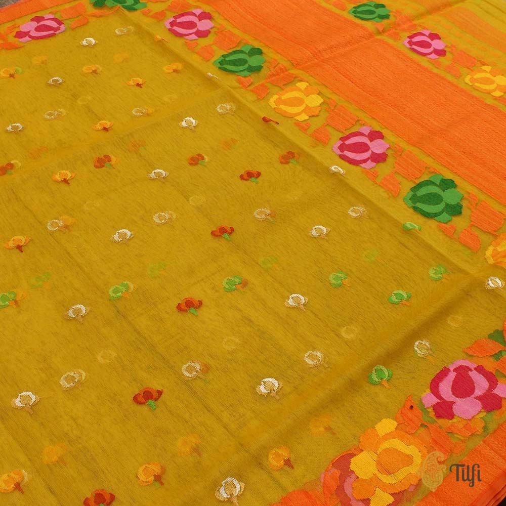 Yellow Pure Kora Silk Net Banarasi Handloom Saree
