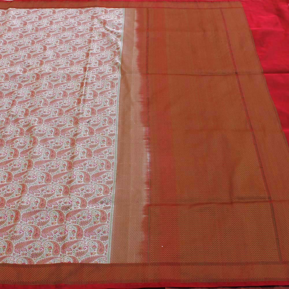 Ecru Pure Soft Satin Silk Tanchoi Jamawar Banarasi Handloom Saree