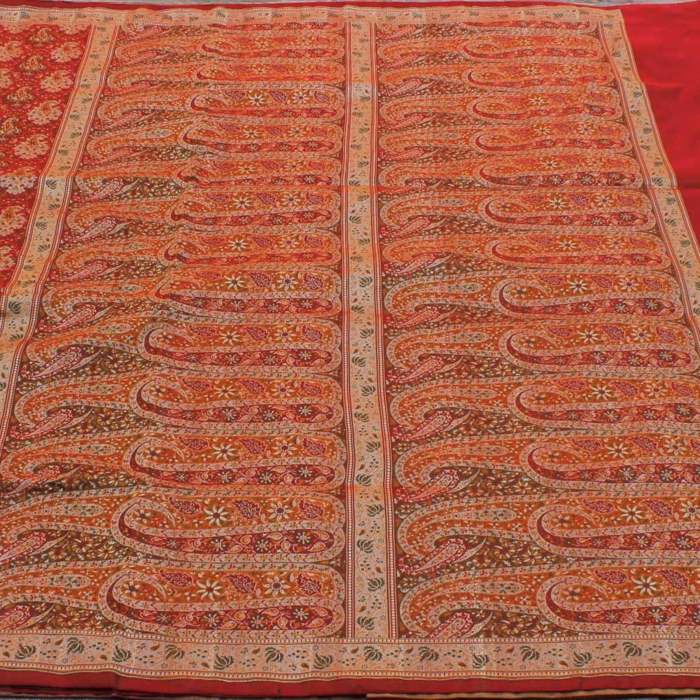Orangish-Red Pure Soft Satin Silk Tanchoi Jamawar Banarasi Handloom Saree
