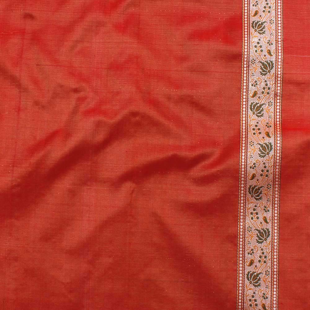 Orangish-Red Pure Soft Satin Silk Tanchoi Jamawar Banarasi Handloom Saree