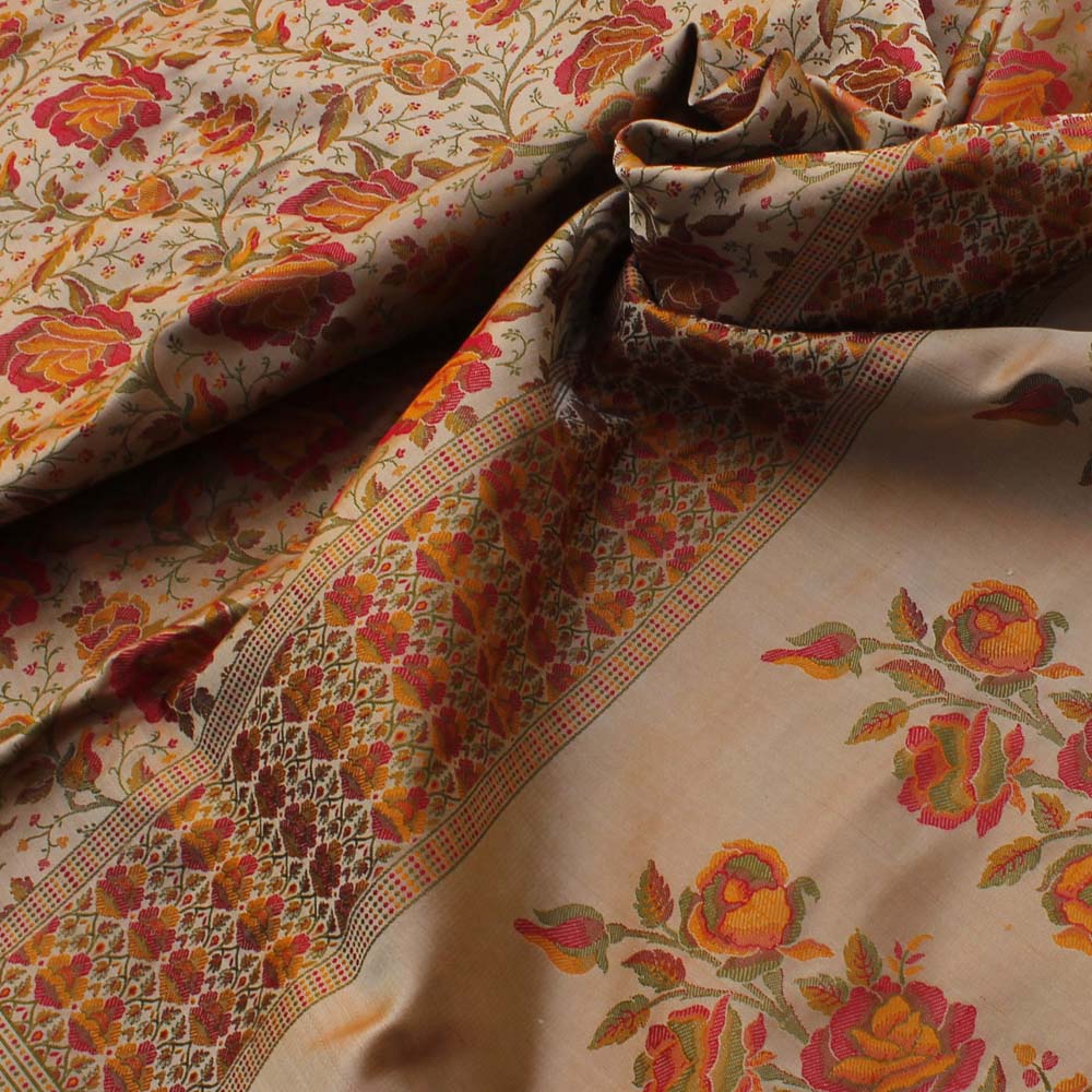 Light Fawn Pure Soft Satin Silk Banarasi Handloom Saree