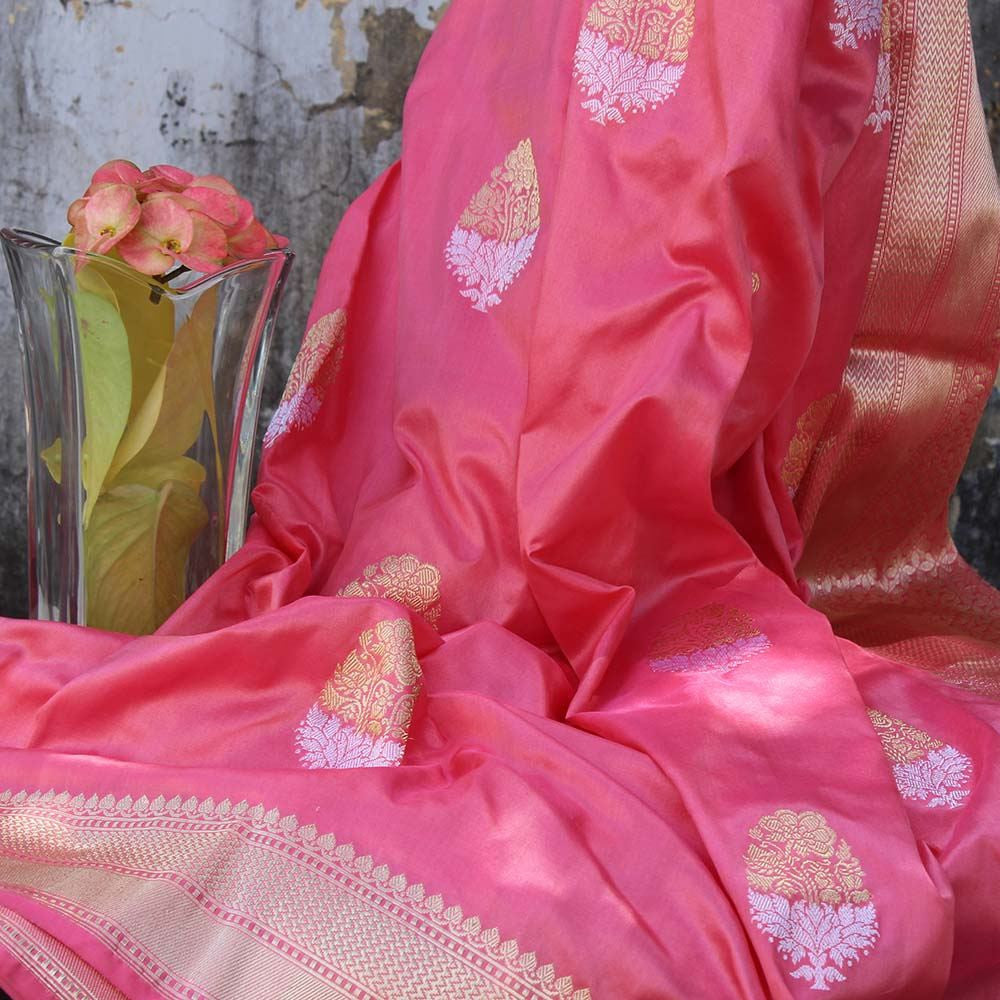 Gajri Pink-Peach Pure Katan Silk Handloom Banarasi Saree