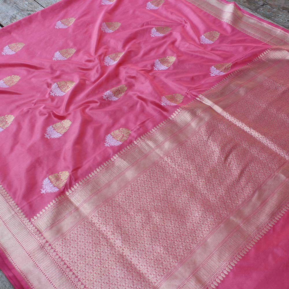 Gajri Pink-Peach Pure Katan Silk Handloom Banarasi Saree