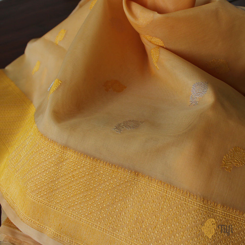 Light Yellow Pure Kora Silk Handloom Banarasi Saree