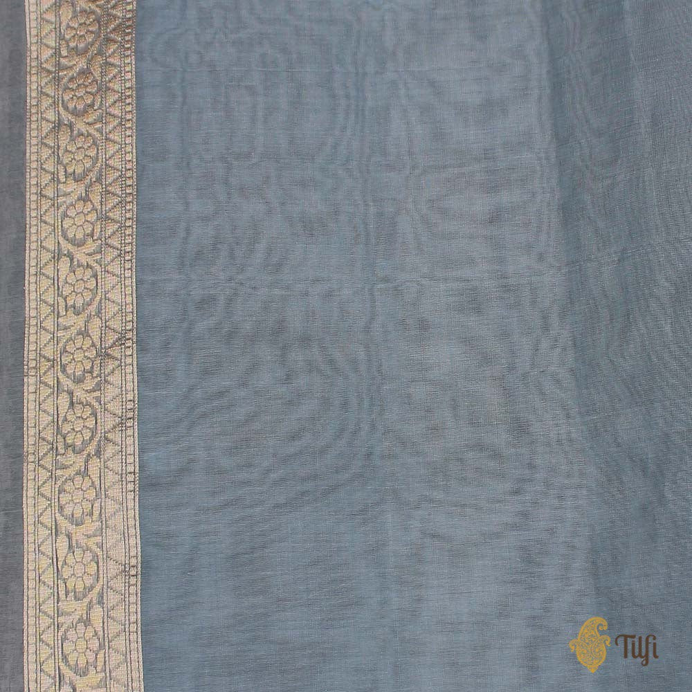 Greyish-Blue Pure Kora Silk Banarasi Handloom Saree