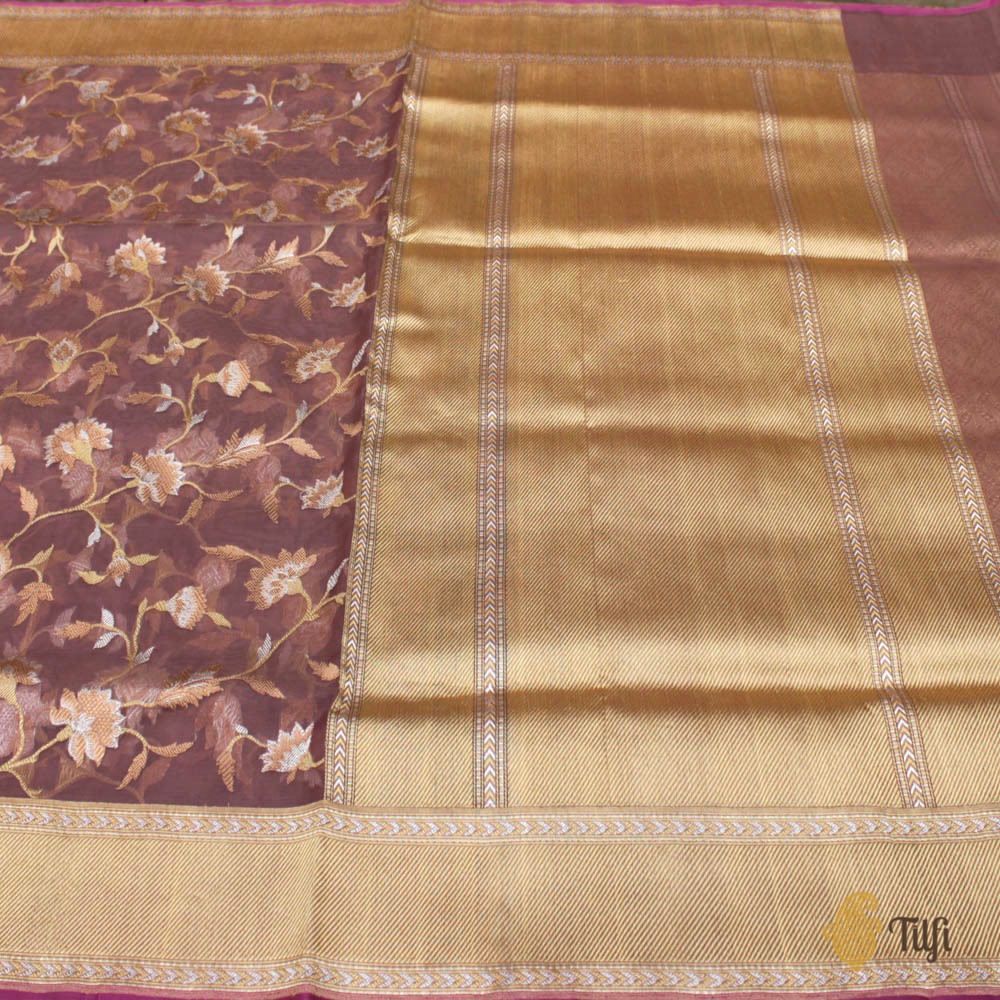 Old Mauve Pure Kora Silk Handwoven Kadwa Banarasi Saree