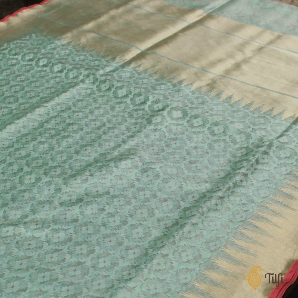 Mint Blue Pure Kora Silk Tissue Net Banarasi Handloom Saree