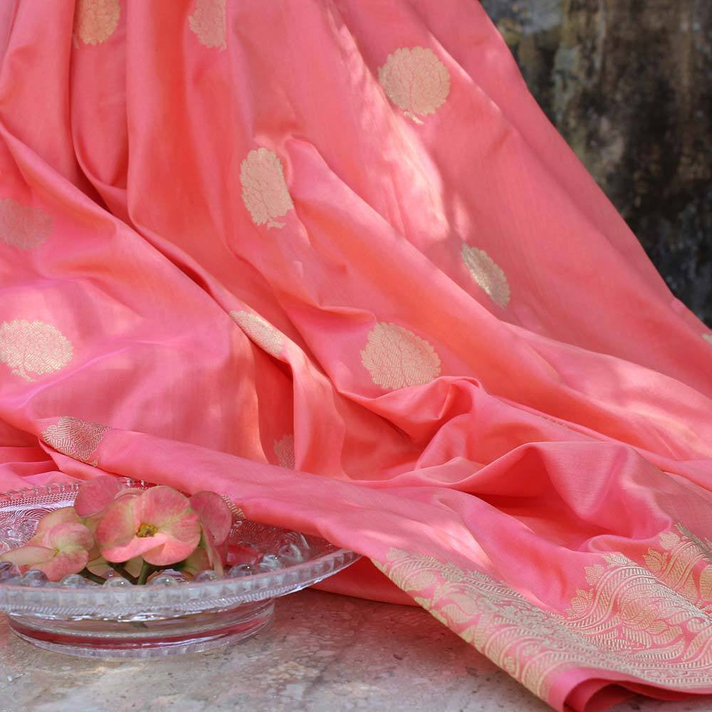 Gajri Pink-Peach Pure Katan Silk Banarasi Handloom Saree