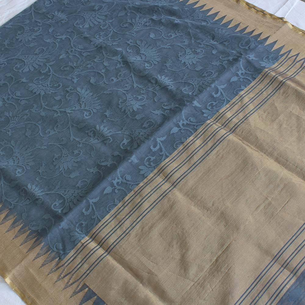 Grey-Blue Pure Kora Silk Net Banarasi Handloom Saree