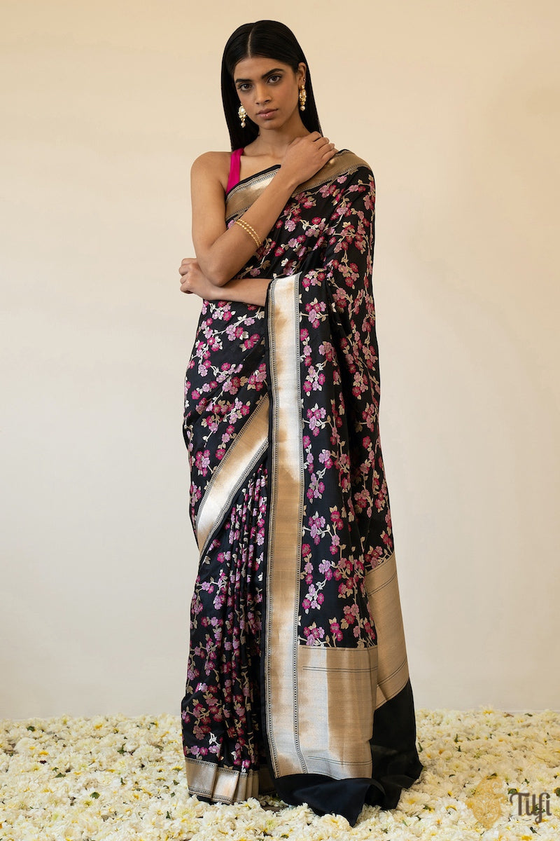 &#39;Cherry Blossoms&#39; Black Pure Katan Silk Banarasi Handloom Saree