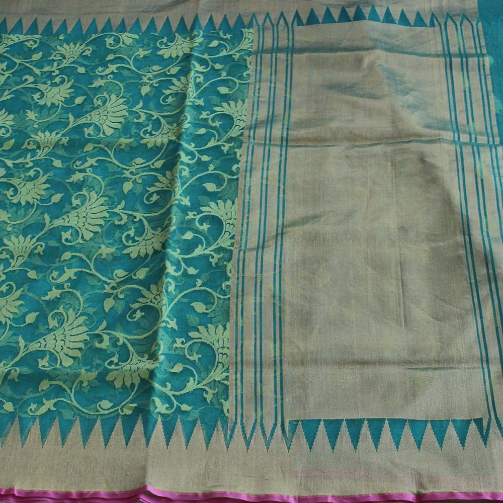 Turquoise Blue Pure Kora Silk Net Banarasi Handloom Saree