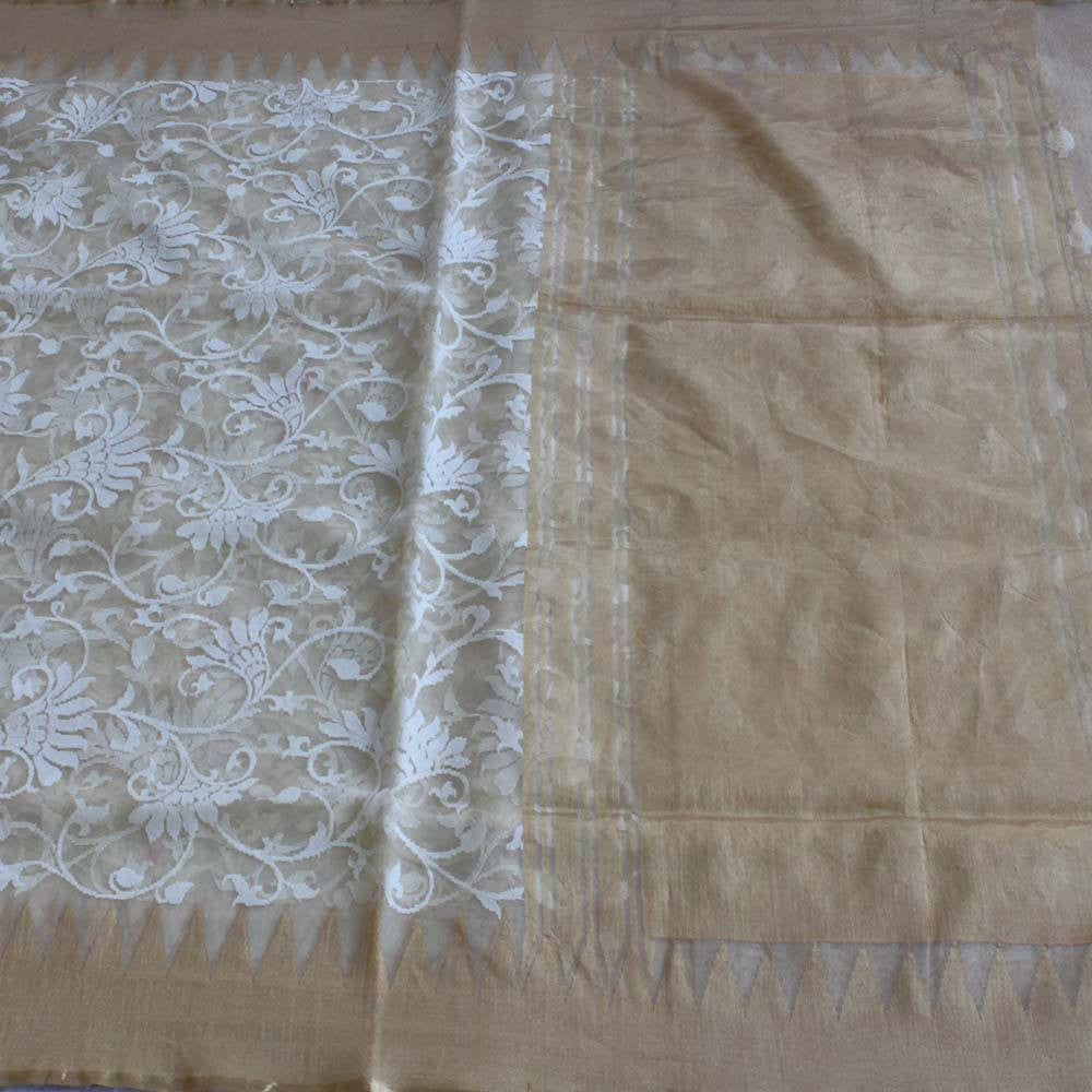 Pre-Order: Off-White Pure Kora Silk Net Banarasi Handloom Saree
