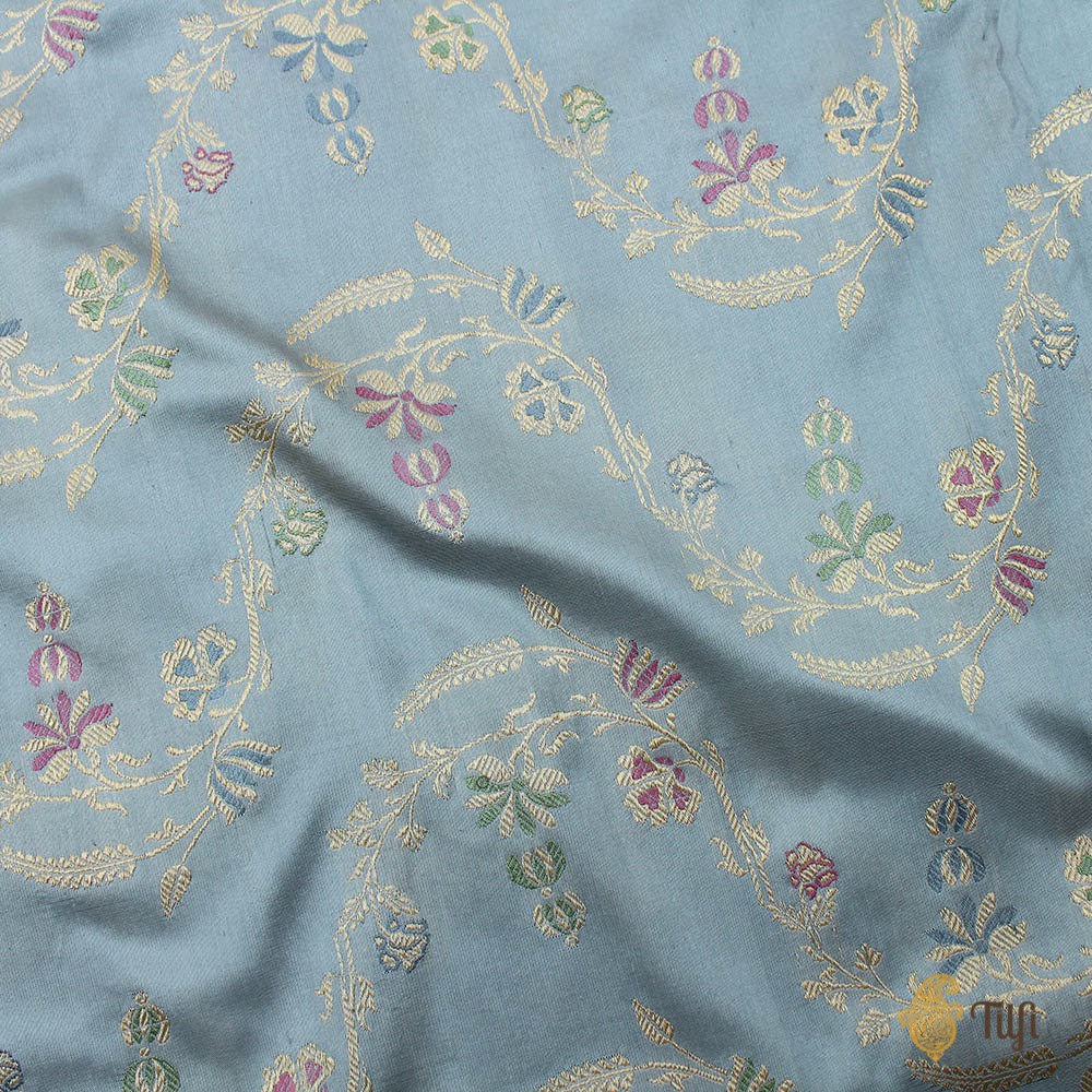 Greyish-Blue Pure Katan Silk Banarasi Handloom Saree