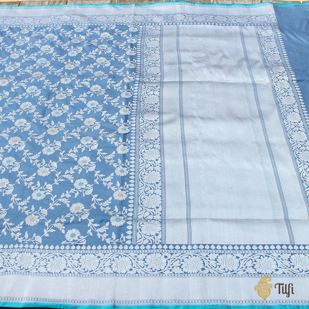 Greyish Blue Pure Katan Silk Banarasi Handloom Saree