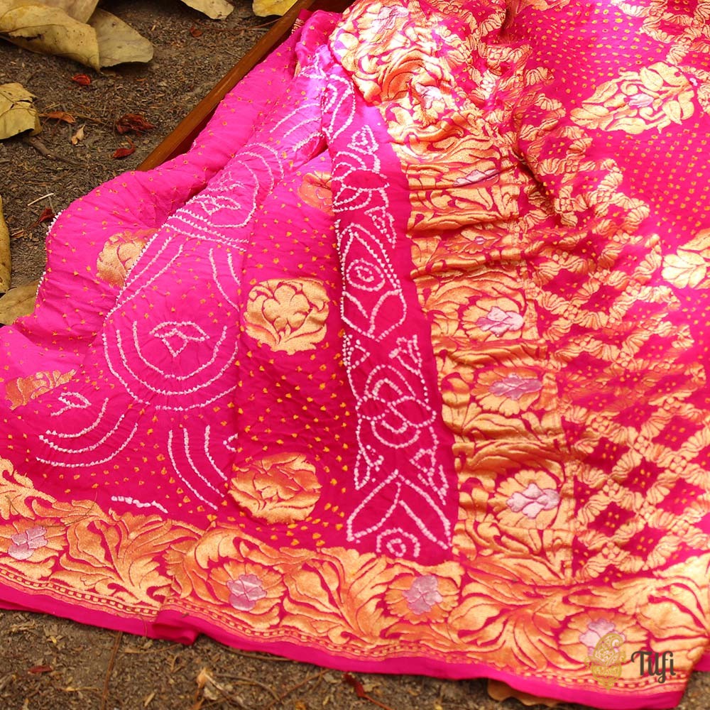 Hot Pink - Rani Pink Pure Georgette Banarasi Bandhani Handloom Saree