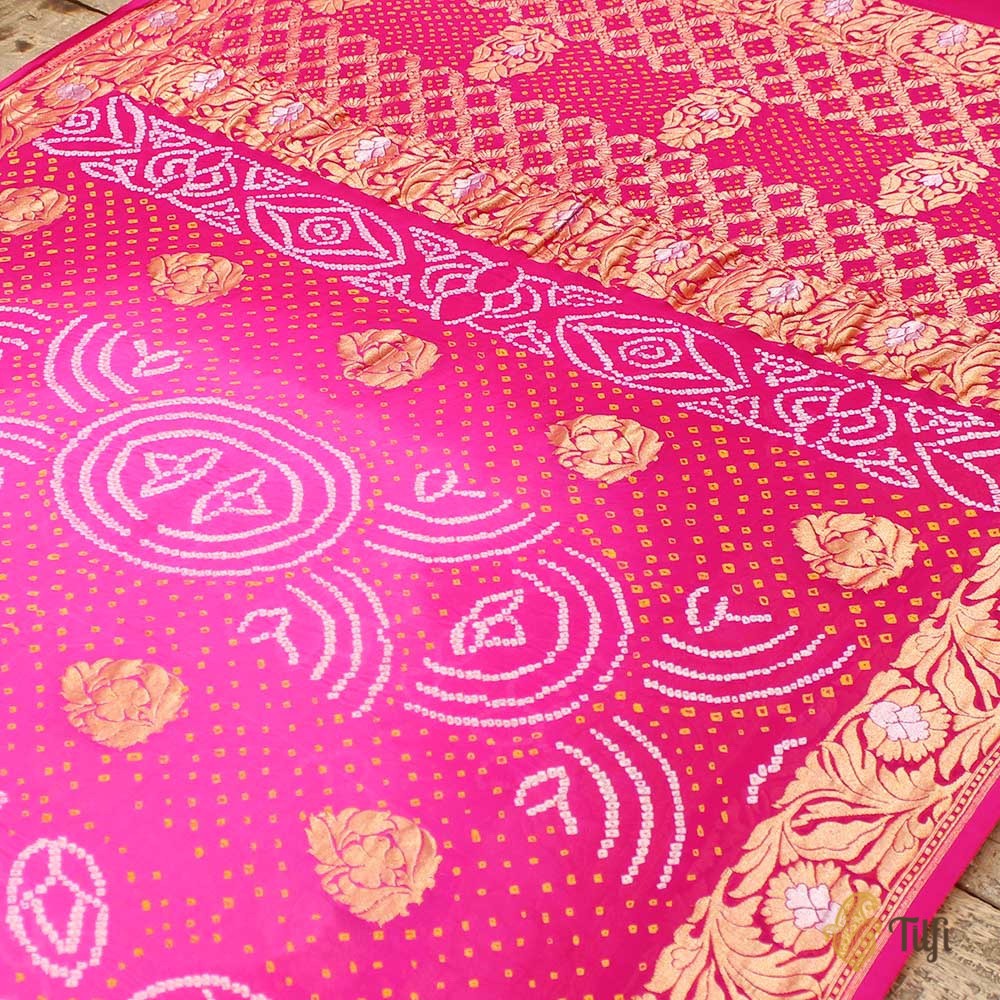 Hot Pink - Rani Pink Pure Georgette Banarasi Bandhani Handloom Saree