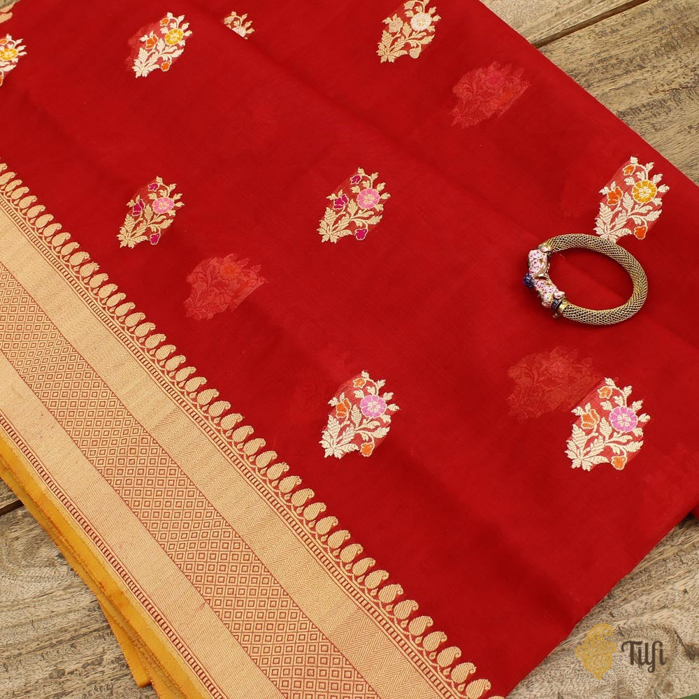 Deep Red Pure Kora Silk Banarasi Handloom Saree