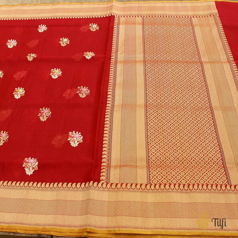 Deep Red Pure Kora Silk Banarasi Handloom Saree