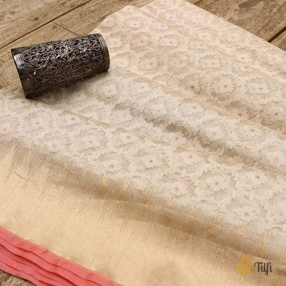 Off-White and Silver Pure Kora Tissue Silk Net Banarasi Handloom Saree